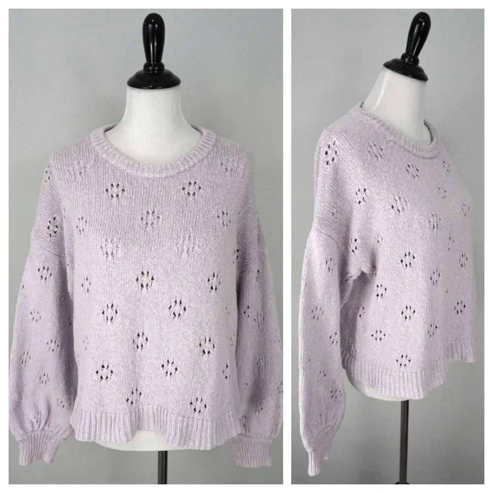 Last Chance!!  MADEWELL Womens Light Purple Crewneck Eyelet Sweater Size Large - Picture 2 of 5